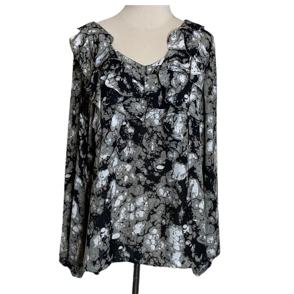 Anne Klein black abstract print ruffled neck long sleeves blouse size Large - Picture 1 of 11
